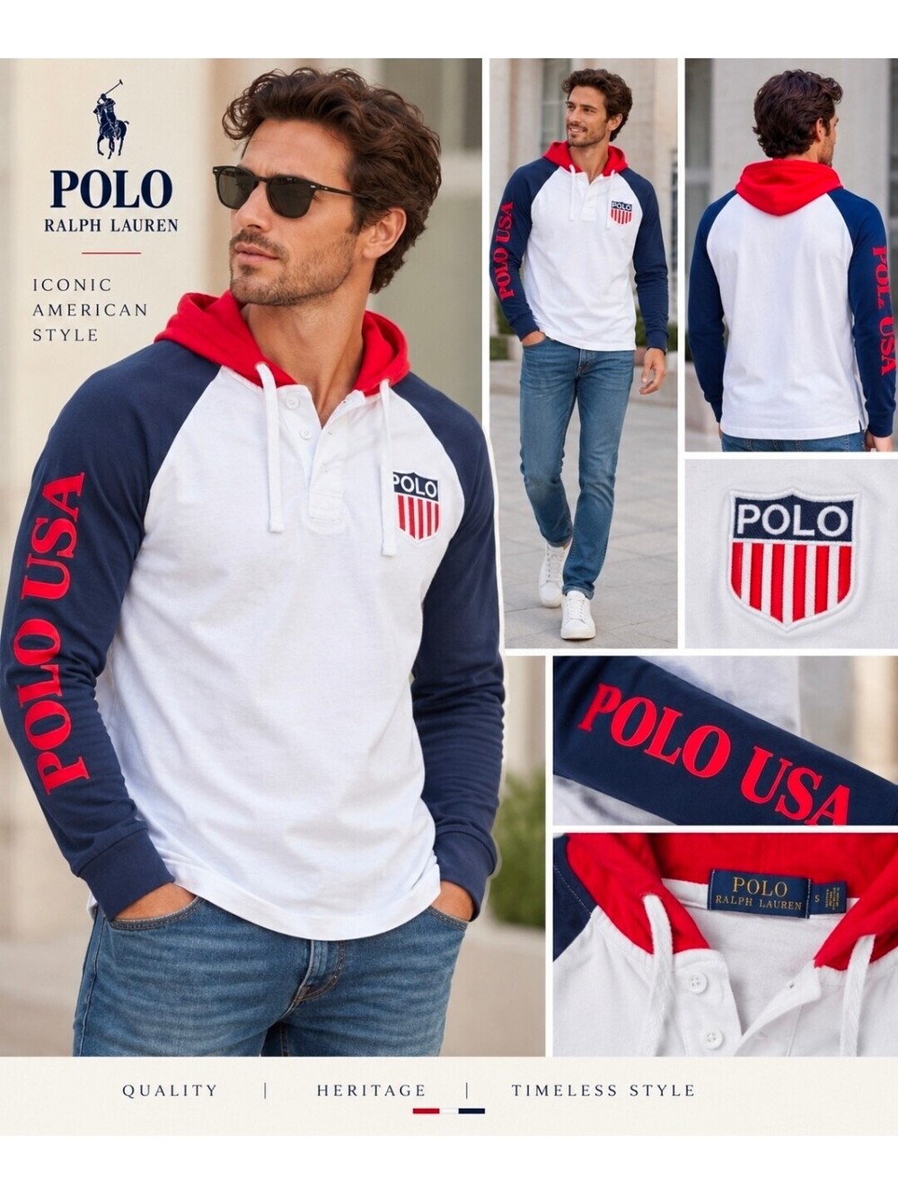 Polo Ralph Lauren Polo USA Hooded Rugby Shirt Men's S Red White Blue Cotton